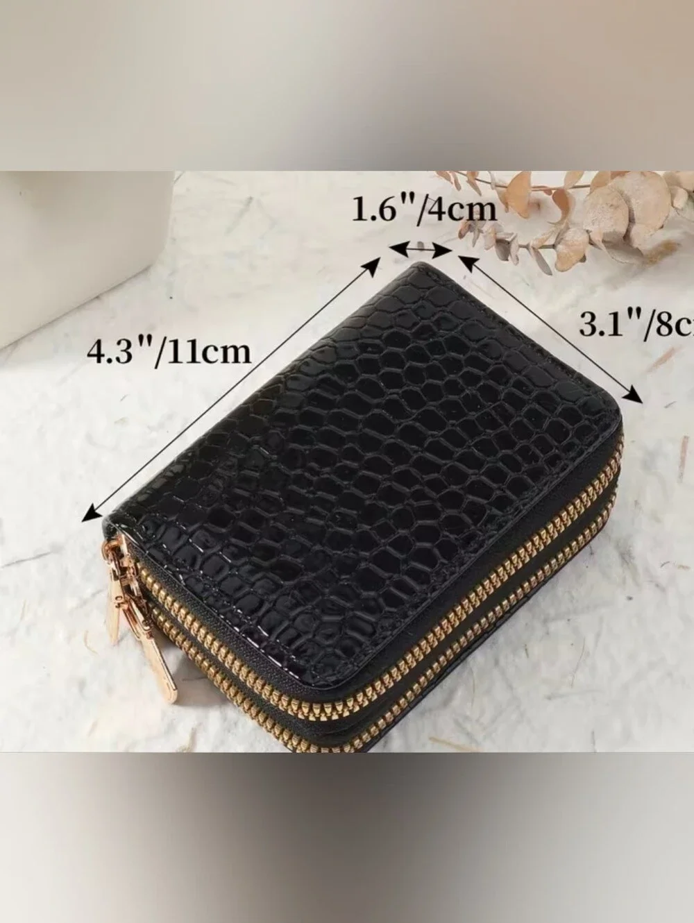 NEW - Compact Black Croc-Embossed Double-Zip Wallet with Gold Hardware